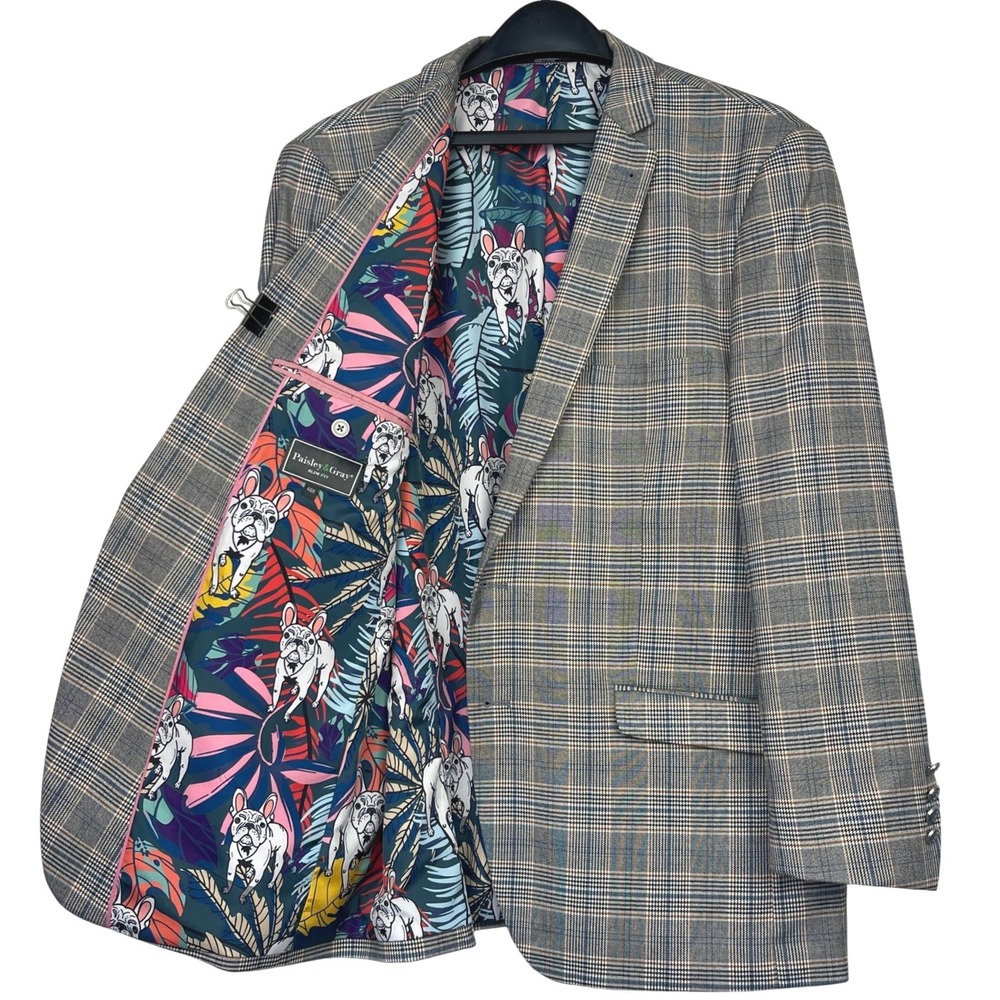 Paisley & Gray Glen Plaid 46R Slim Blazer Sport Coat Suit Jacket French Bulldog